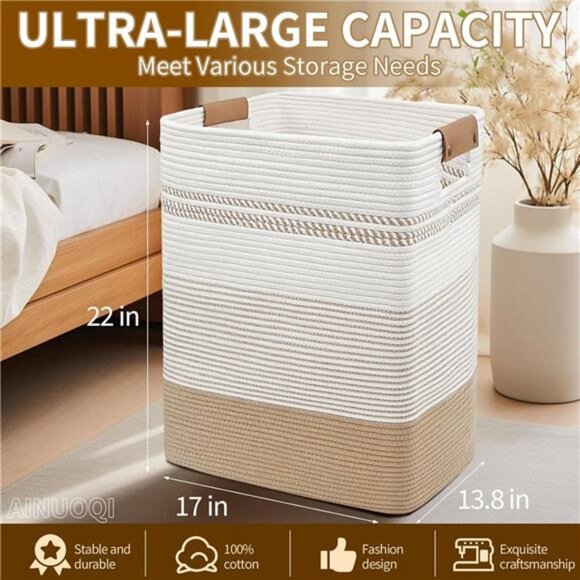Laundry Hamper - 85L Large Laundry Basket with Leather Handles, Decorative - Picture 3 of 7